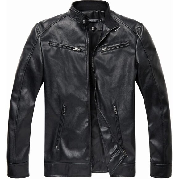 🆕 Men Black Stand Collar Leather Jacket Motorcycle Lightweight Faux Outwear - Picture 1 of 6
